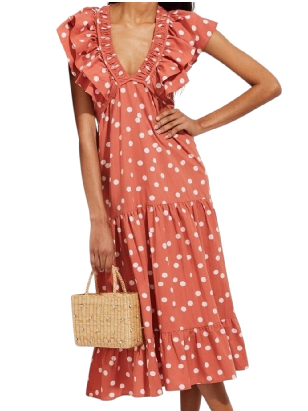 Roller Rabbit Polka Dot Ruffle Tiered Dress Terra Cotta + White SZ M